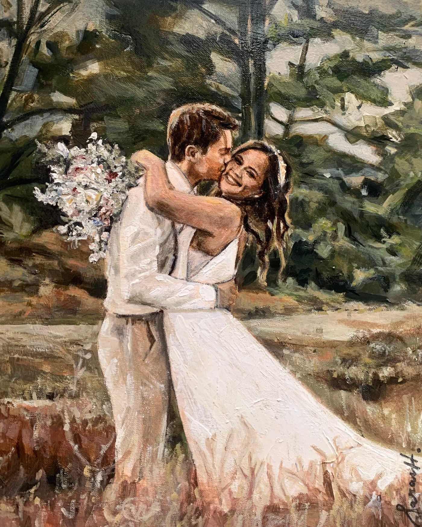 Live wedding painting, bruidspaar omhelzing in het bos
