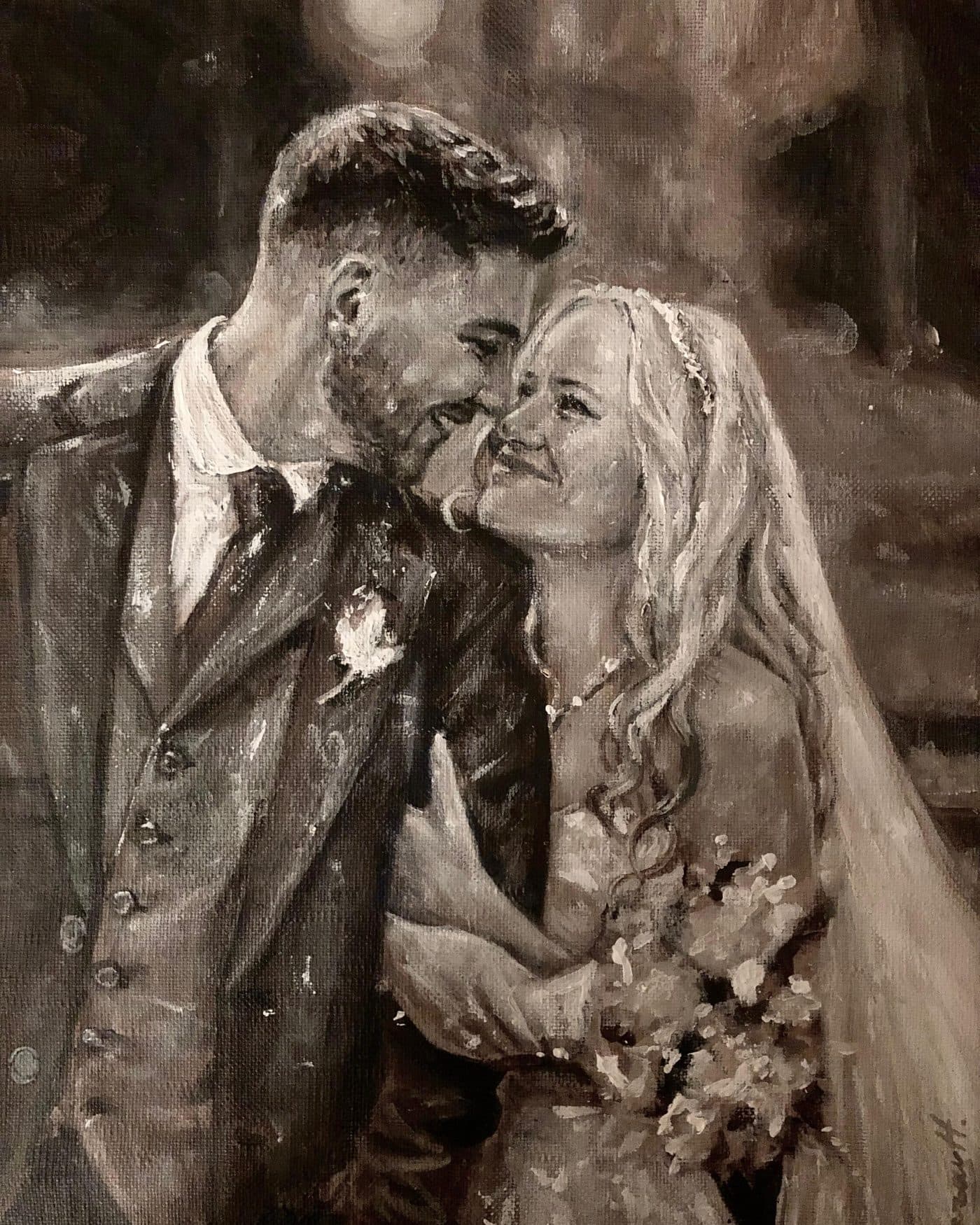 Live wedding painting, sepia portret bruidspaar
